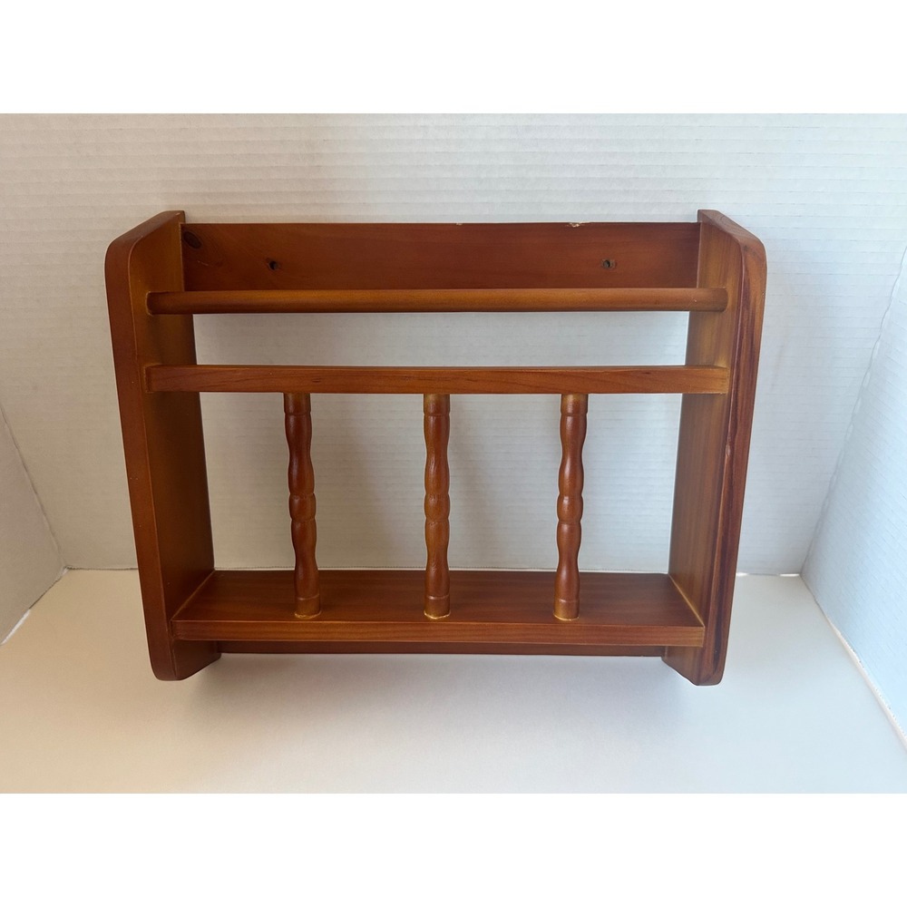 Vintage Wood Wall Mount Spice Rack Spindle Plate Shelf Farmhouse Decor Brown